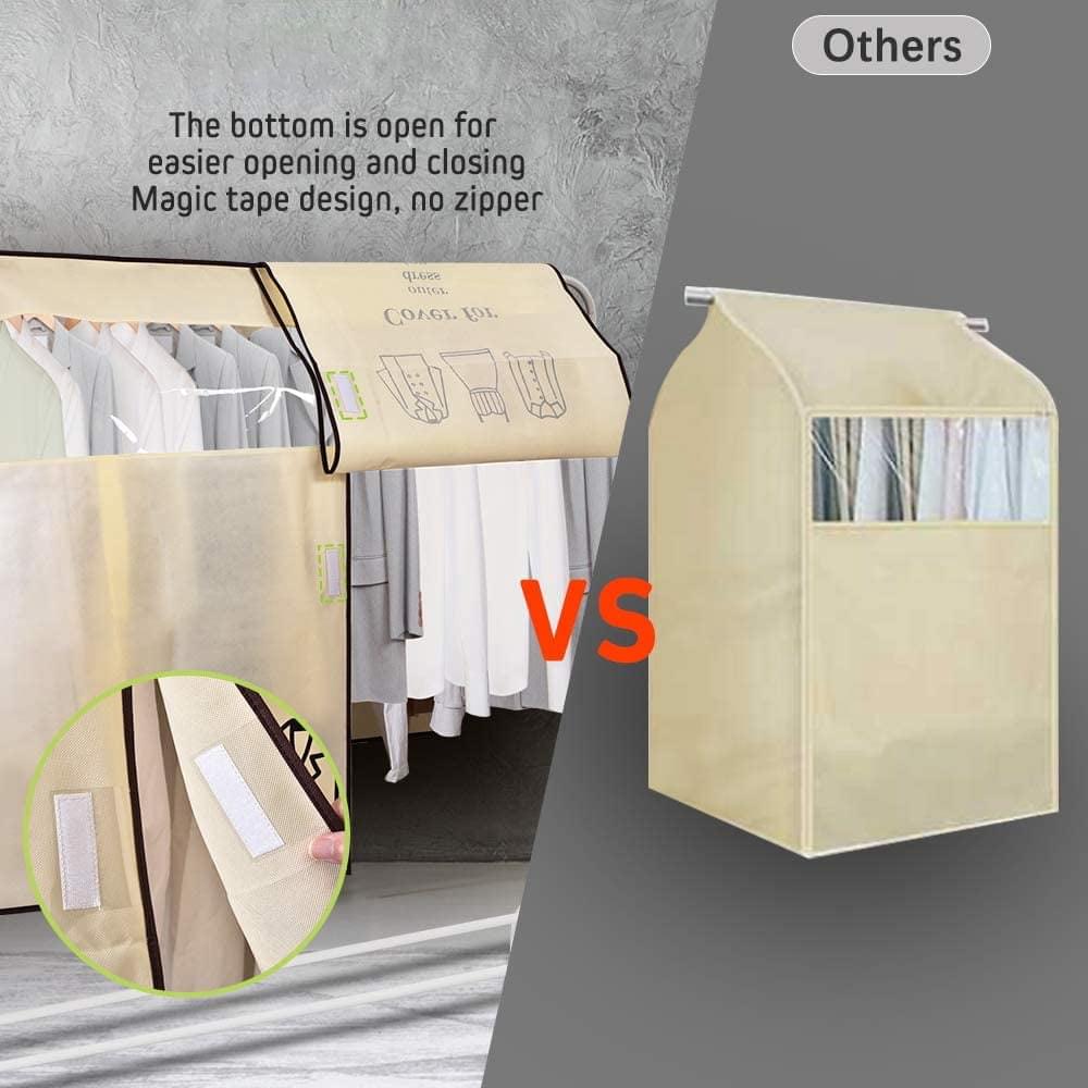 Beige hanging closet cover with bottom opening for easier access and no zipper closure