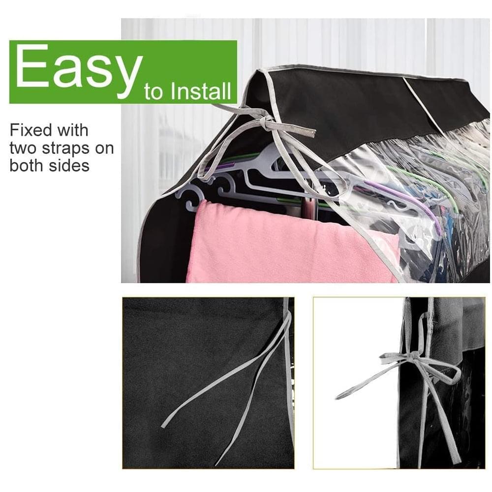 Black expandable hanging closet cover with ties, protects coats and dresses