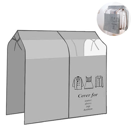 Grey expandable hanging clothes rack cover with two side panels and icon graphic