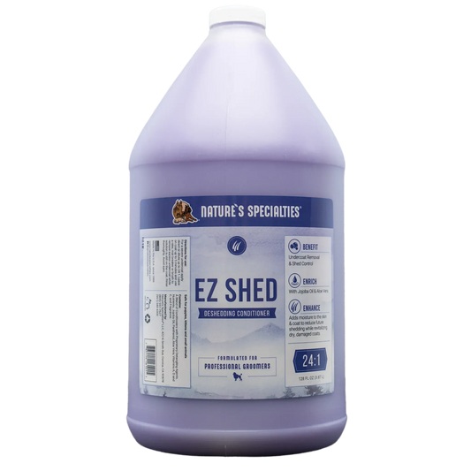 EZ Shed deshedding conditioner jug, front label view, lavender bottle with white cap