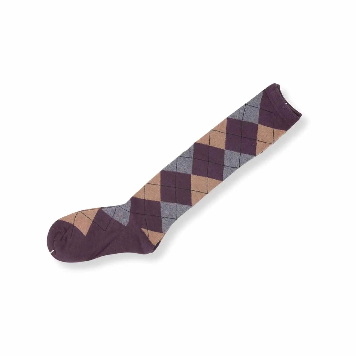 Womens Check Diamond Knee High Socks Argyle Pattern Brown