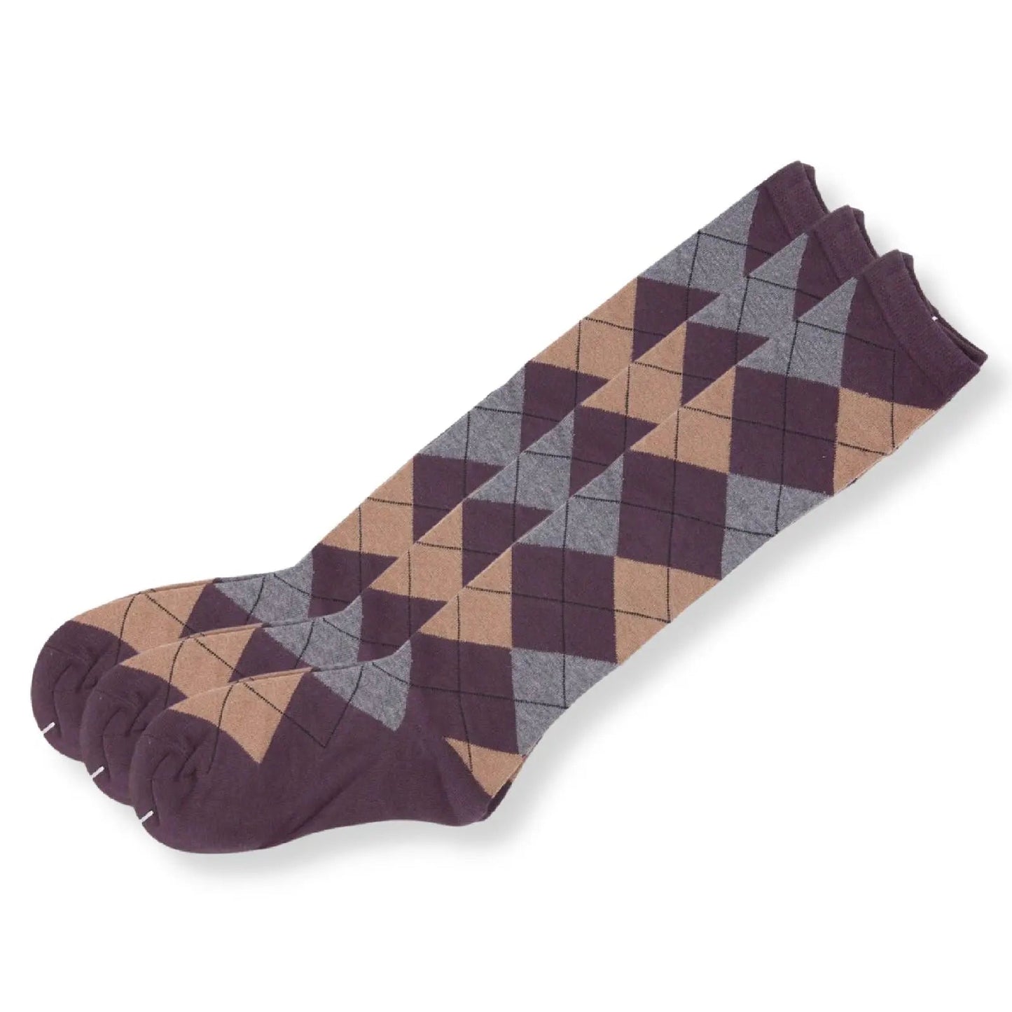 Argyle Knee High 3 Pairs Cotton Socks Diamond Check Pattern