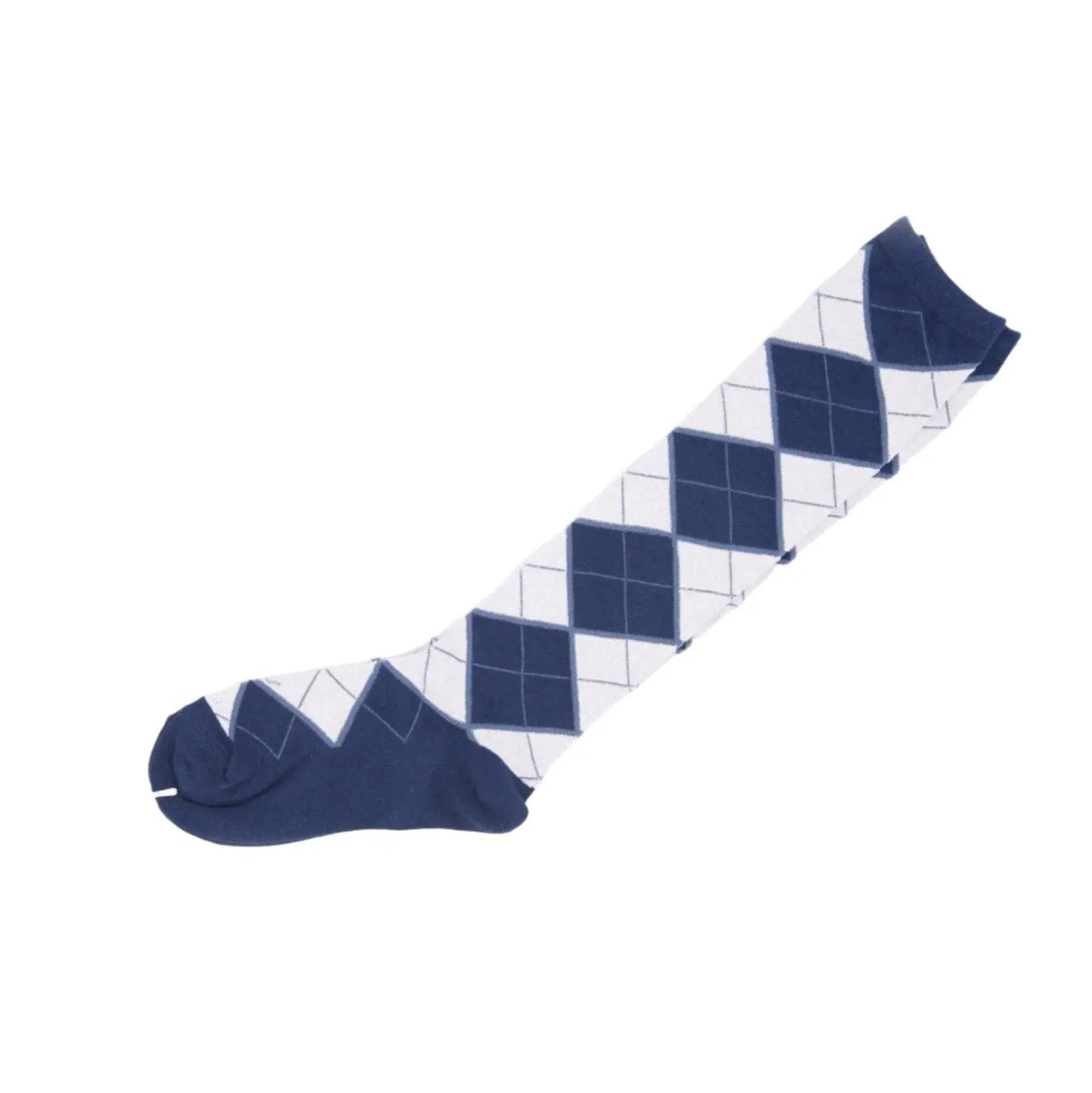 Womens Knee High Socks Blue White Diamond Check Ladies