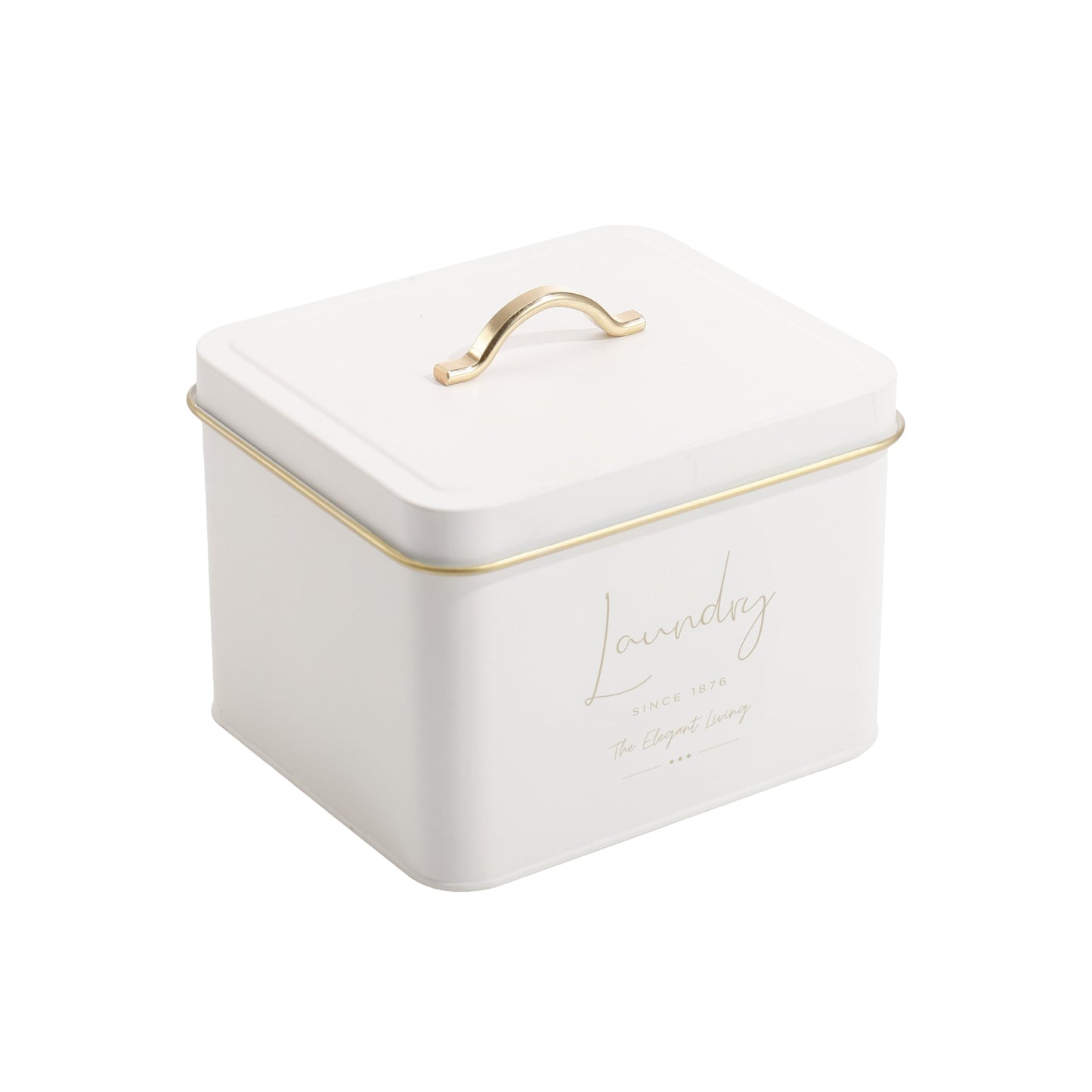 White laundry container with gold-trim lid and curved handle, 16 cm