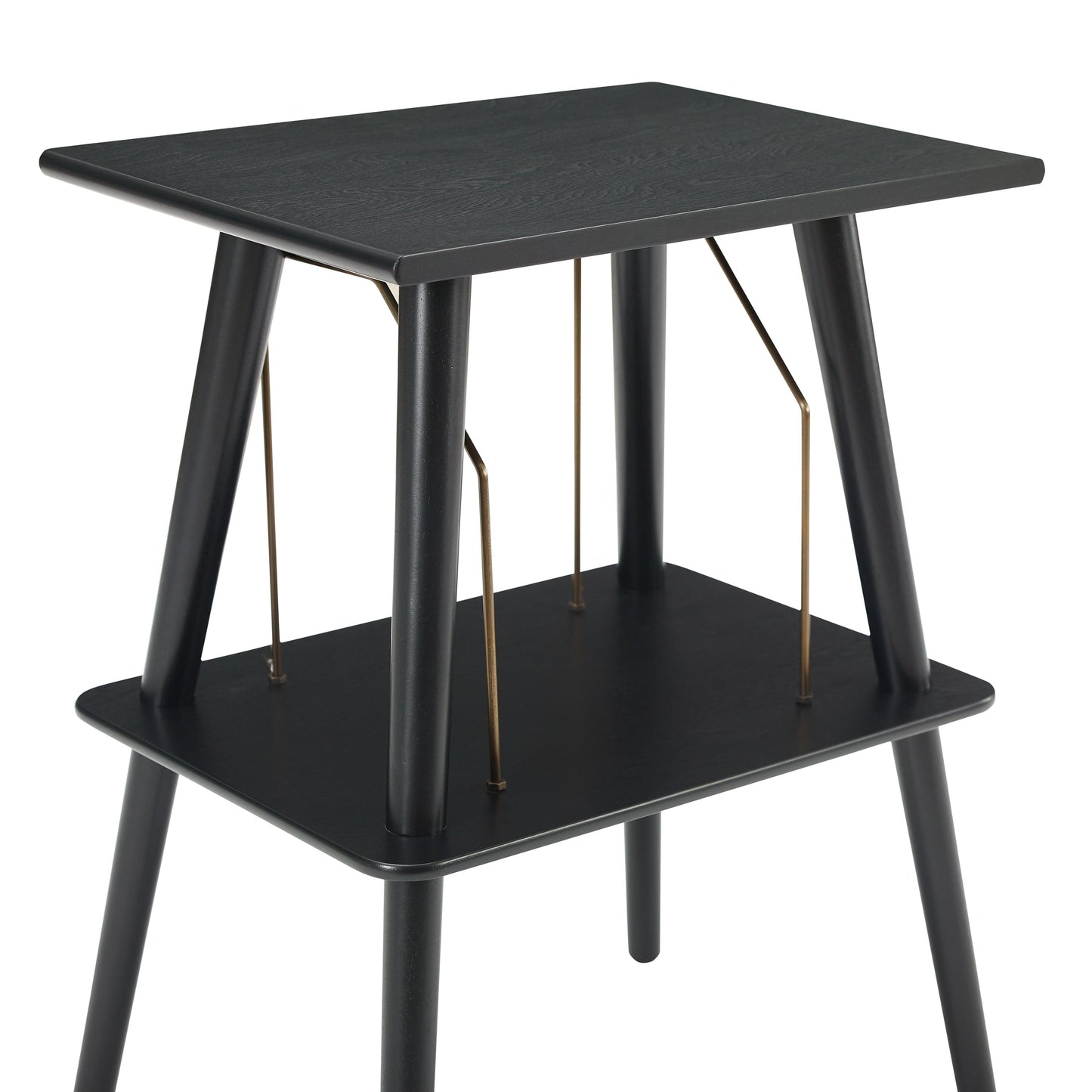 Black turntable stand with top and bottom shelves, gold support rods