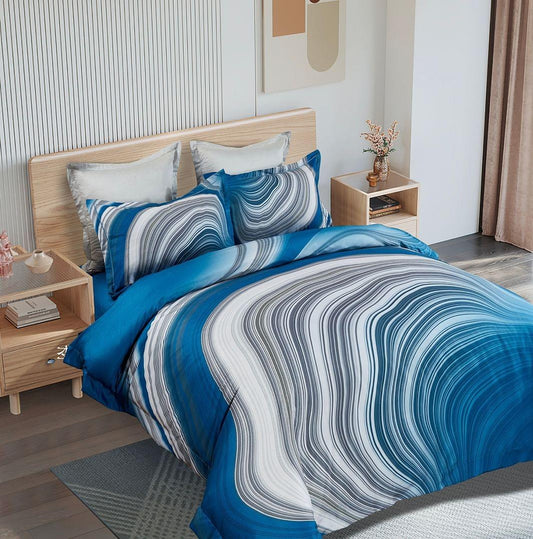King quilt cover set with blue and white swirled stripe quilt and two pillowcases