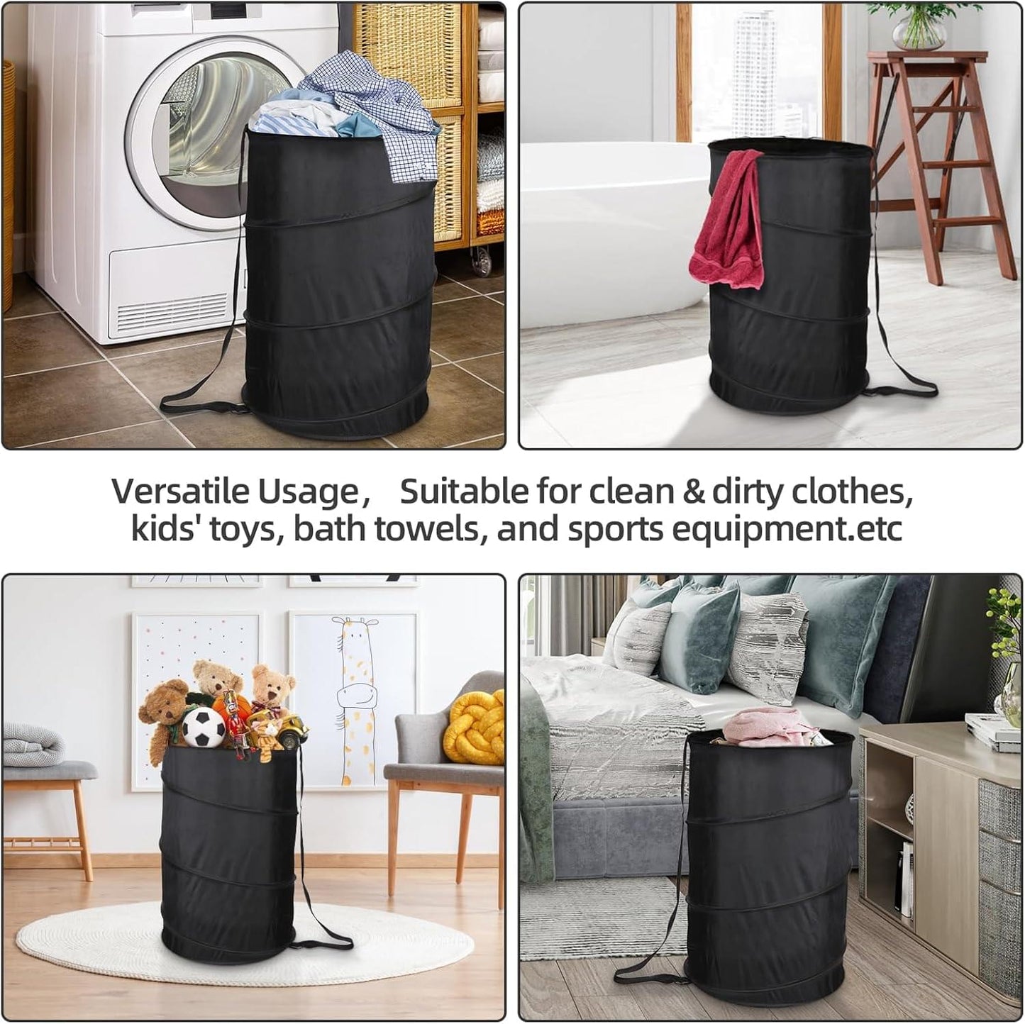 Black collapsible laundry hamper with drawstring top, used for laundry and towels