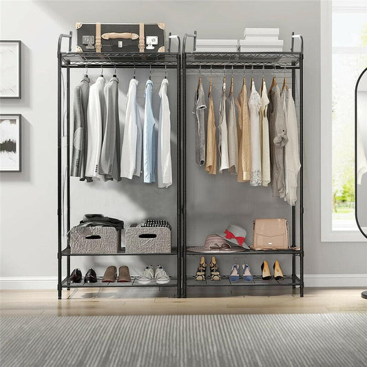 Clothes garment rack with hanging rail and lower shoe shelves with open storage