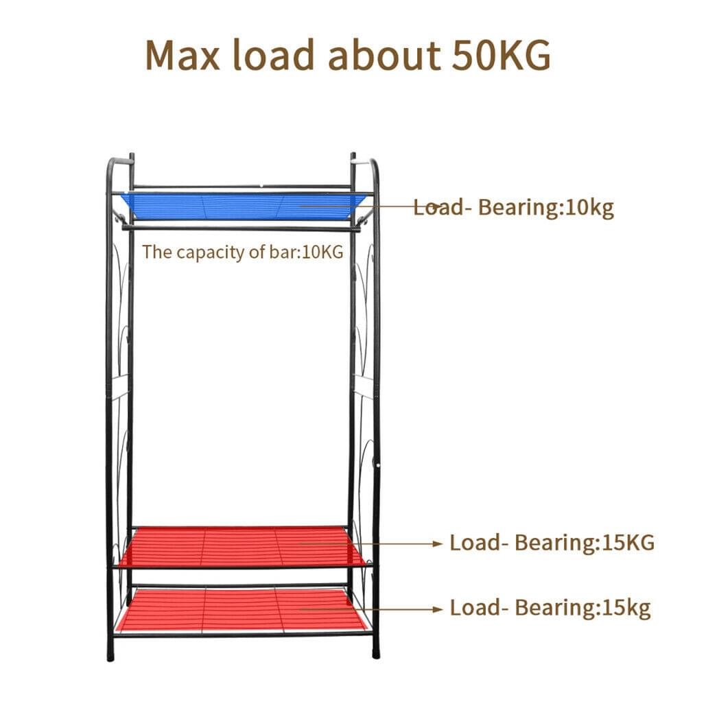 Clothes garment rack showing two-tier bottom shelves and side frame supports