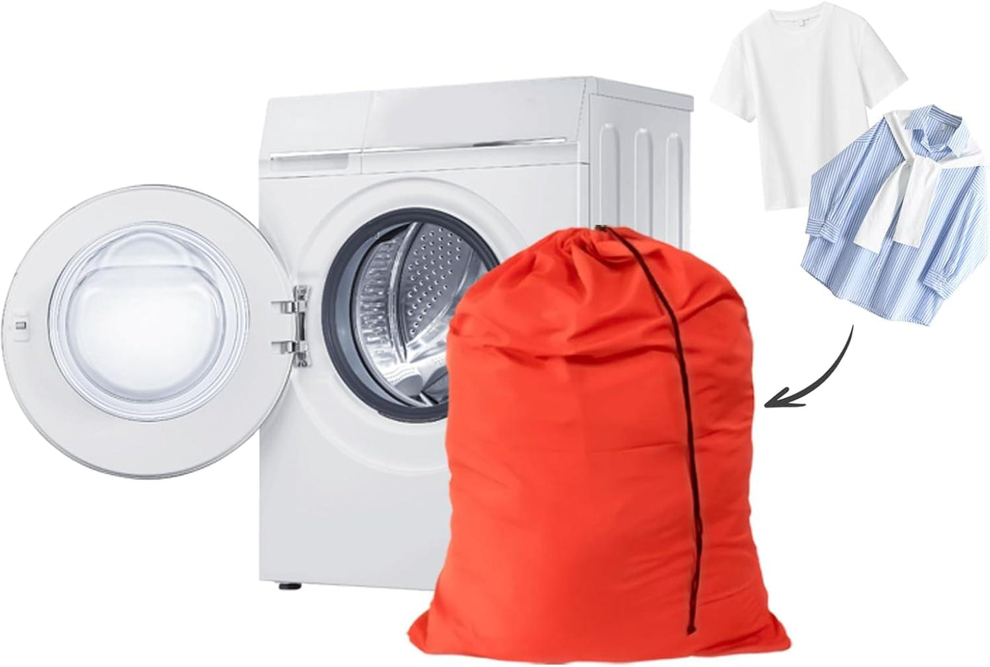 Extra-large drawstring laundry bag, red, gathered top with black drawstring