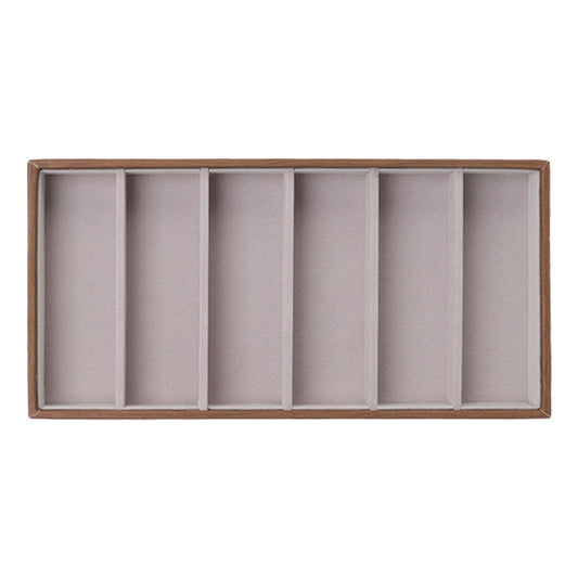 Wood-grain glasses display tray with 6 vertical padded dividers in a single row