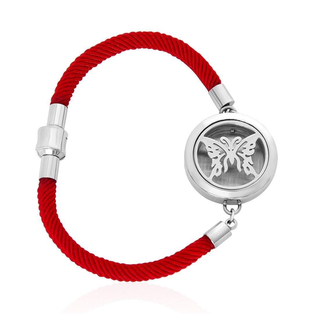 Diffuser bracelet with red braided cord and silver round butterfly locket