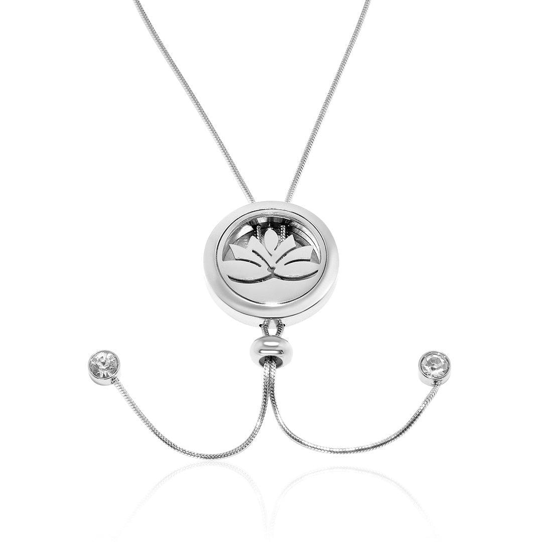 Silver lotus pendant necklace with round engraved locket and adjustable snake chain