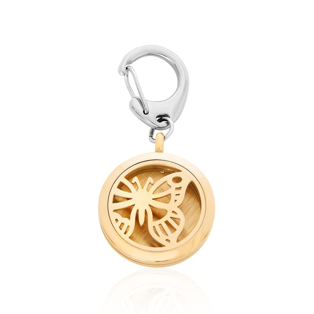 Butterfly key chain with round gold pendant charm and silver carabiner clasp