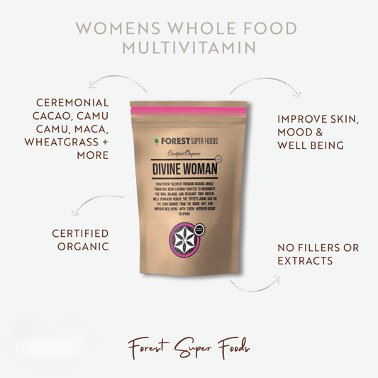 Divine Woman womens whole food multivitamin pouch with callouts and front logo