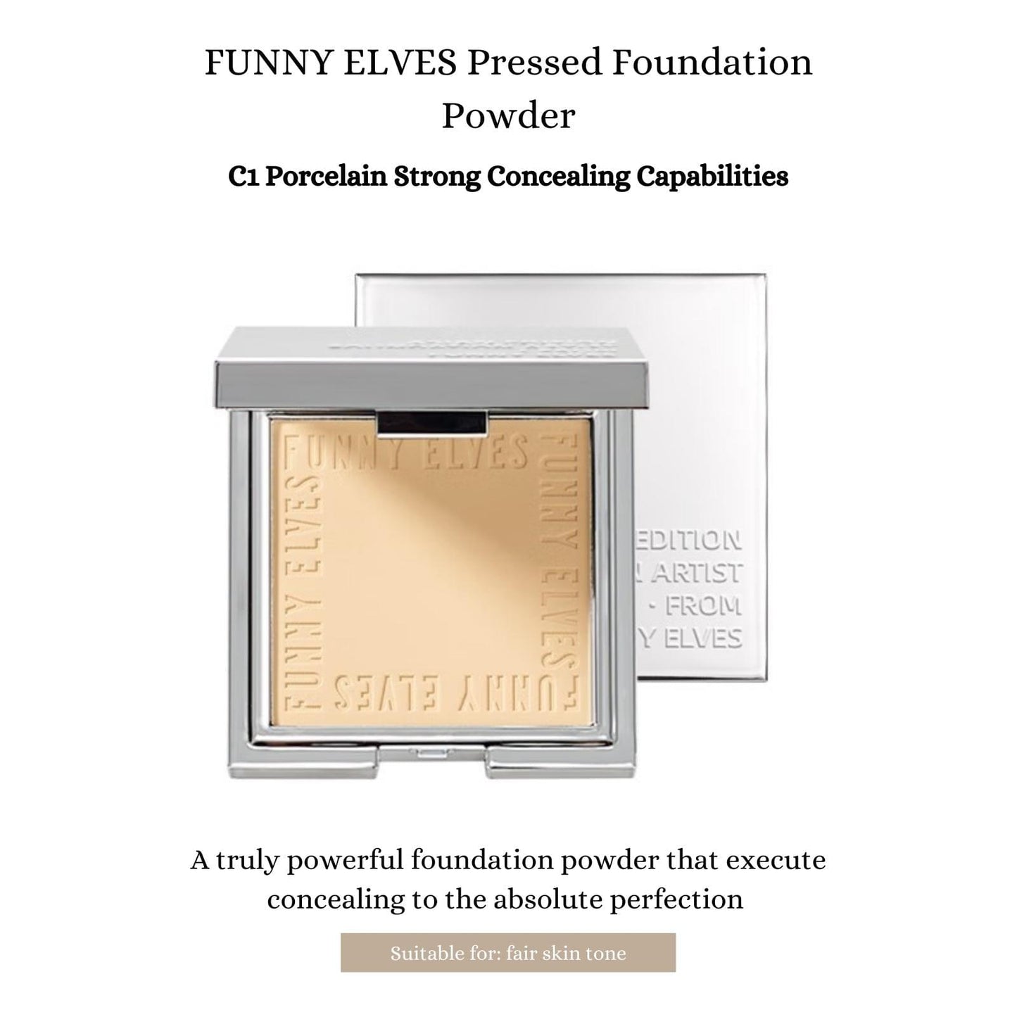 Pressed foundation powder compact open in C1 Porcelain shade, square powder pan