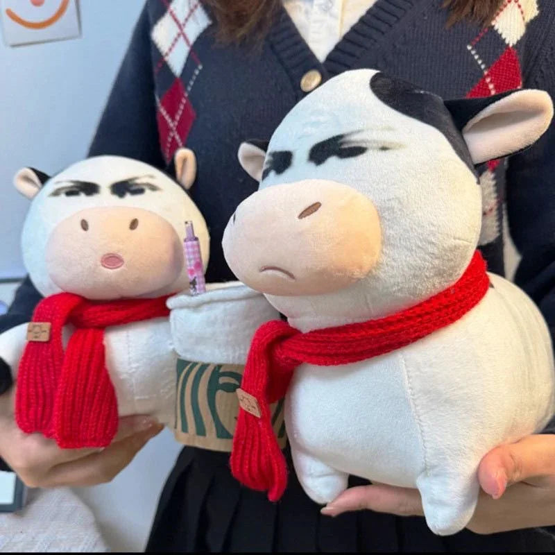 Angry Cow Plush Toy with Red Scarf Cute Grumpy Stuffed Cow Plush