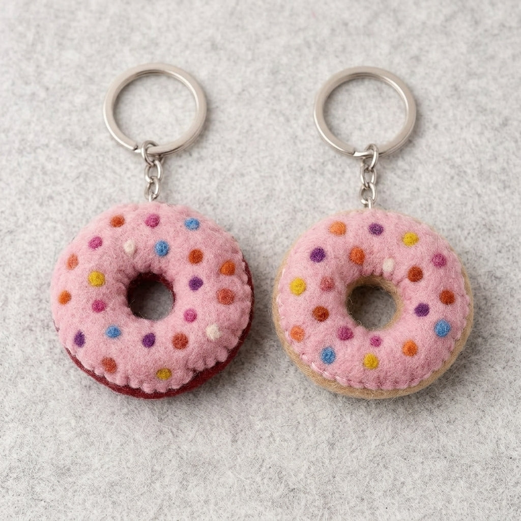 Pink Sprinkle Wool Felt Donut Keychain - Handmade in Nepal