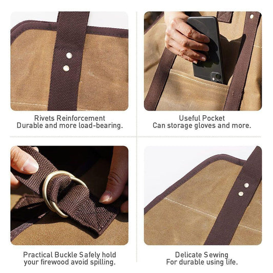 Khaki firewood storage bag with side pocket and dark reinforced strap