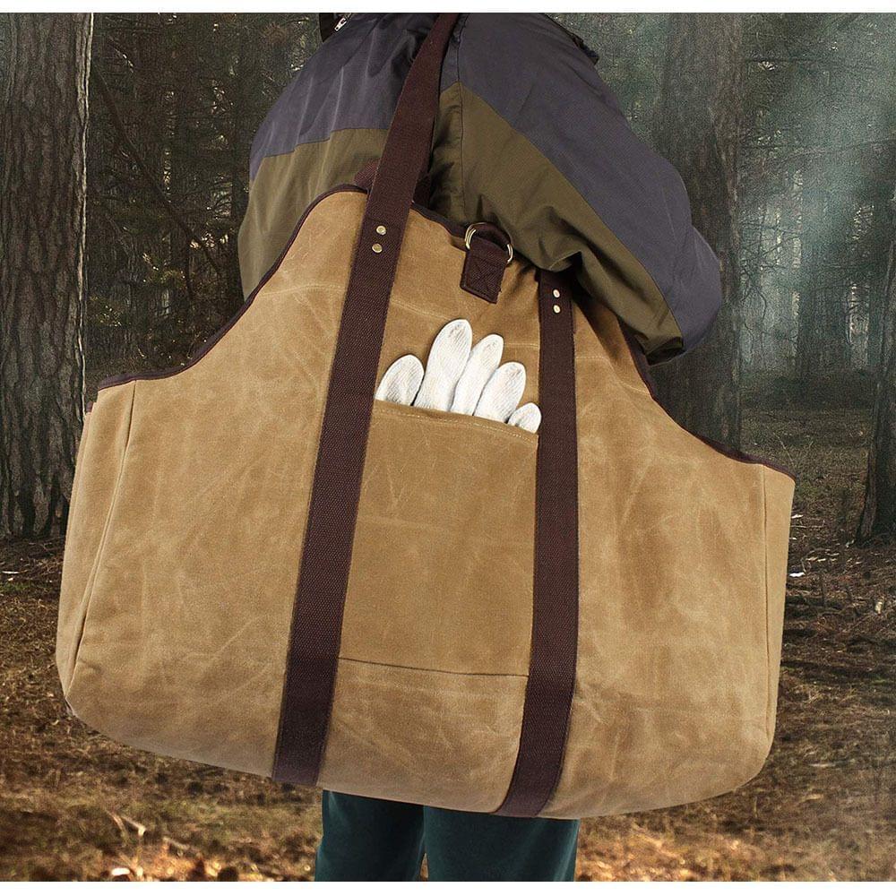 Khaki firewood storage bag with dark straps and open top holding white gloves