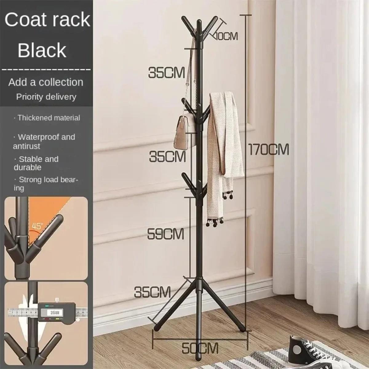 Black multi-hook coat rack standing on a tripod base