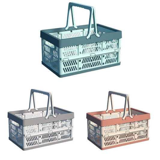 Foldable storage basket showing blue, cream, and tan options with vented panels