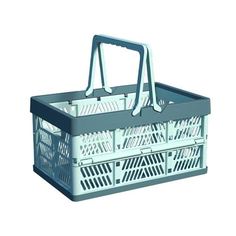 Foldable teal storage basket with top handle, vented lattice panels on sides