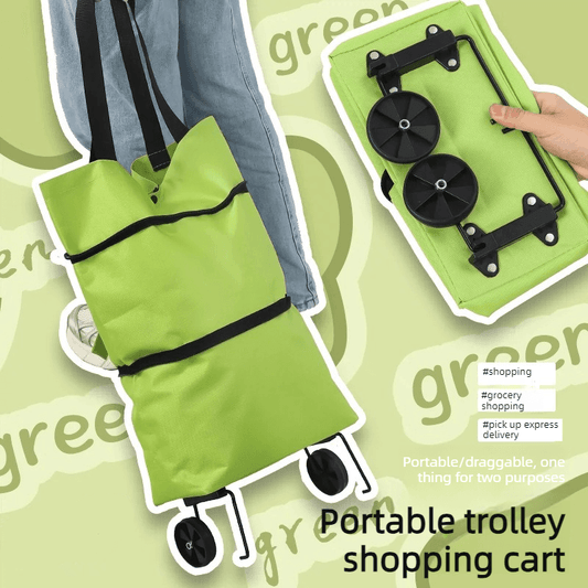 Foldable shopping trolley cart in bright green with black straps and two wheel sets, unfolded