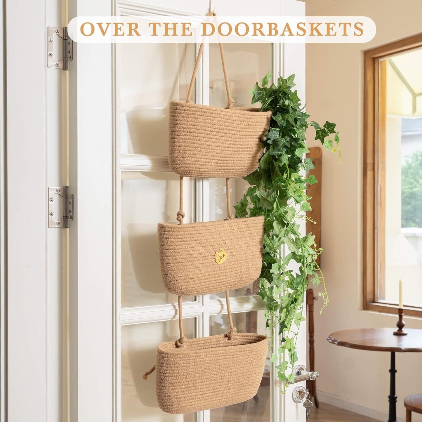 Beige woven over-door hanging organizer with three baskets and rope suspension