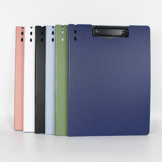 Blue vertical folder with black clip, with matching folders in green, white, black, and pink