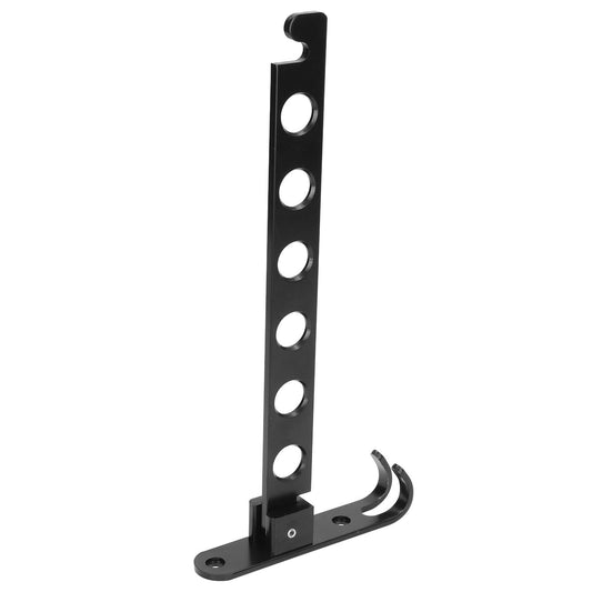 Black wall-mounted drying rack hanger with six oval holes and foldable support arms