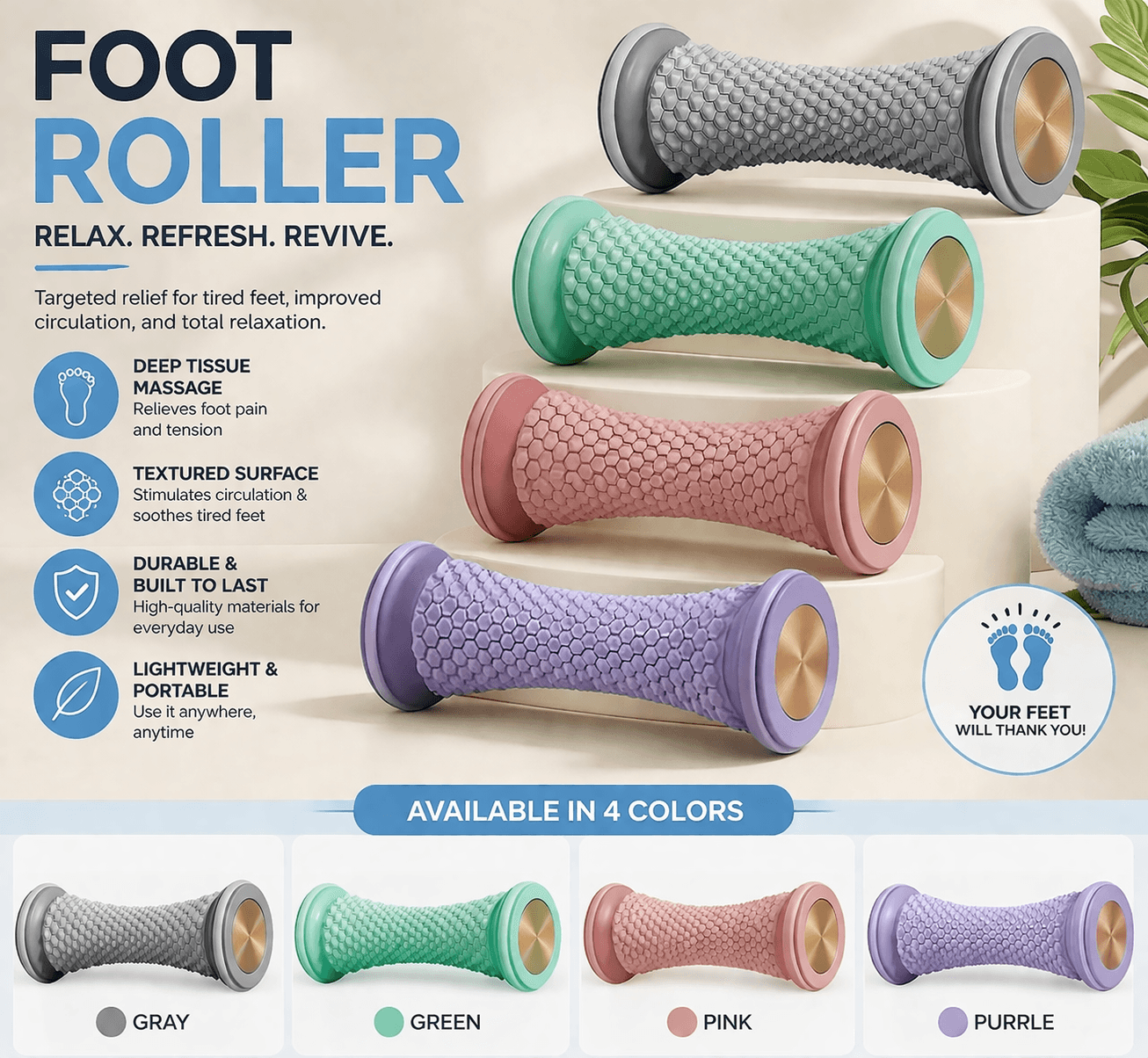 Set of manual foot roller massage tools in gray, green, pink, and purple