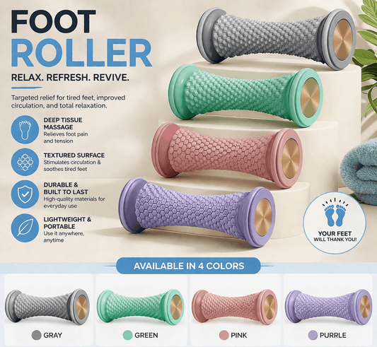 Set of manual foot roller massage tools in gray, green, pink, and purple