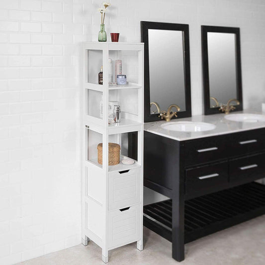 Freestanding tall cabinet, white with open shelves and two drawers, visible interior