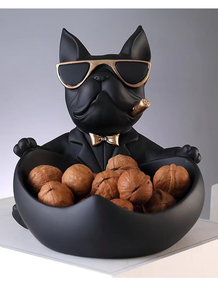 Black French bulldog resin key bowl figurine with gold sunglasses, filled with treats