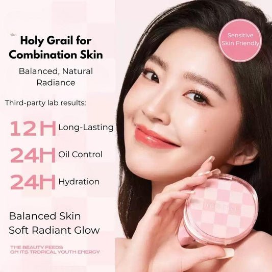 Air cushion compact in a round pink check-pattern case held in hand