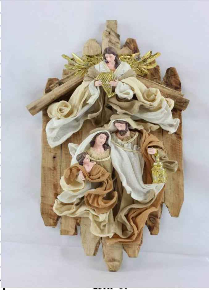 Christmas Religious Wall Hanging Nativity Wreath – Holy Family & Angel Stable Scene, Handmade Christian Holiday Home Decoration