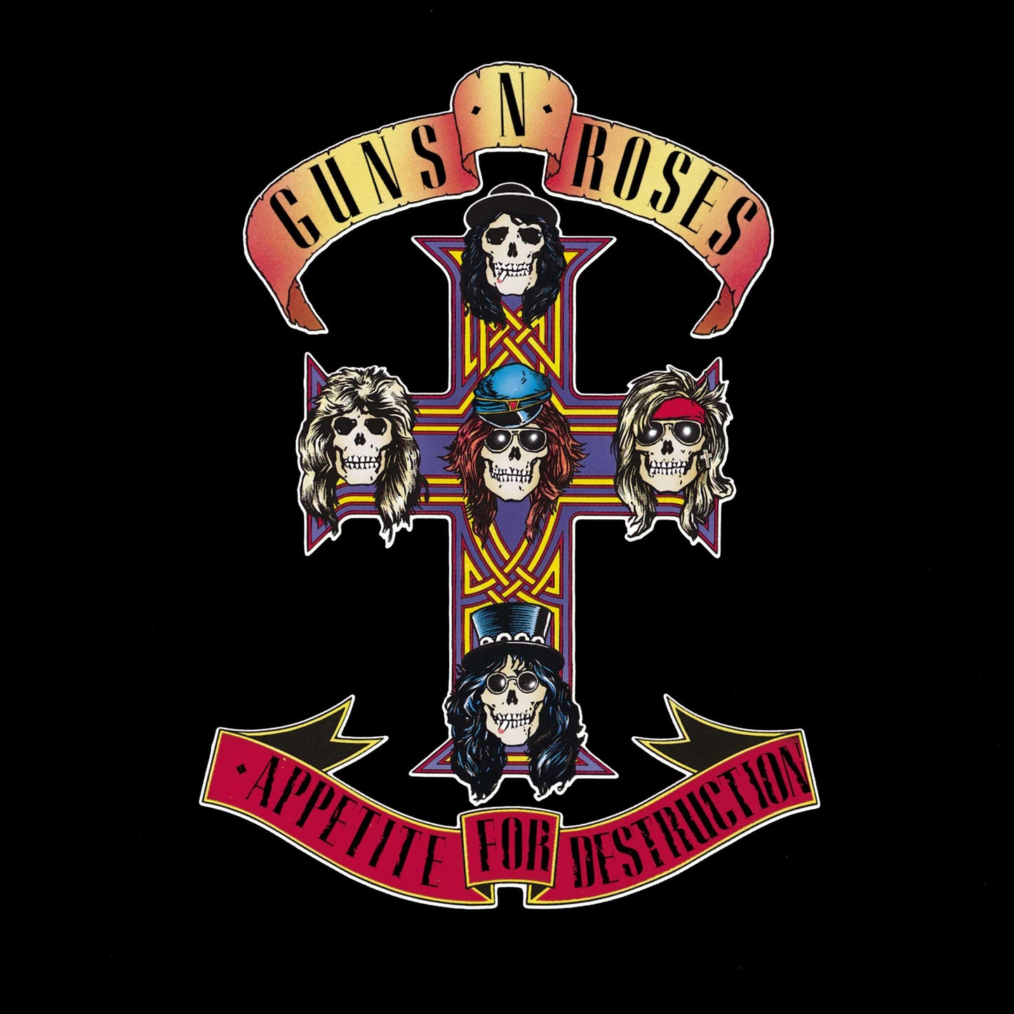 Guns N' Roses Appetite for Destruction album artwork on black background