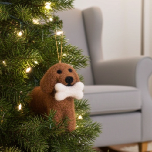 Handmade Wool Felt Golden Retriever Ornament with Bone