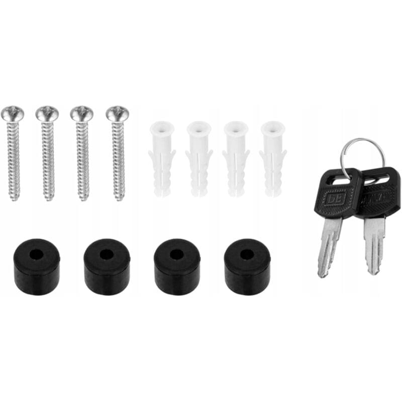 Mailbox mounting hardware kit with screws, spacers, and two black keys with lock