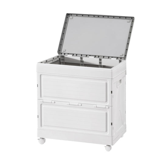 White outdoor storage cabinet with open lid showing interior compartments