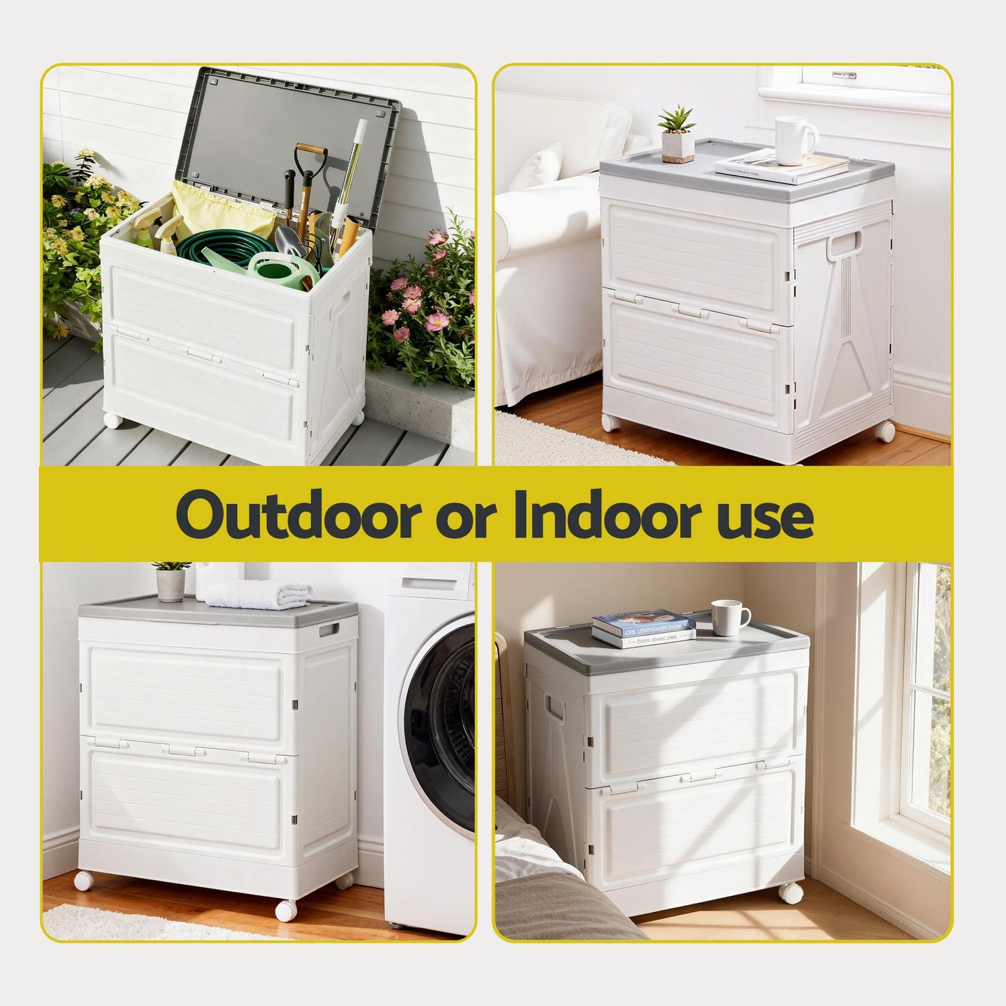 White outdoor storage cabinet with open lid and caster wheels in two views