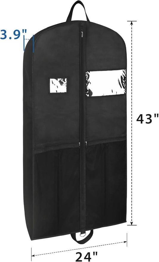 Black 43-inch hanging suit garment bag with clear window and zipper closure