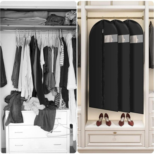 Black garment covers hanging in a closet, protecting clothes for dustproof storage.