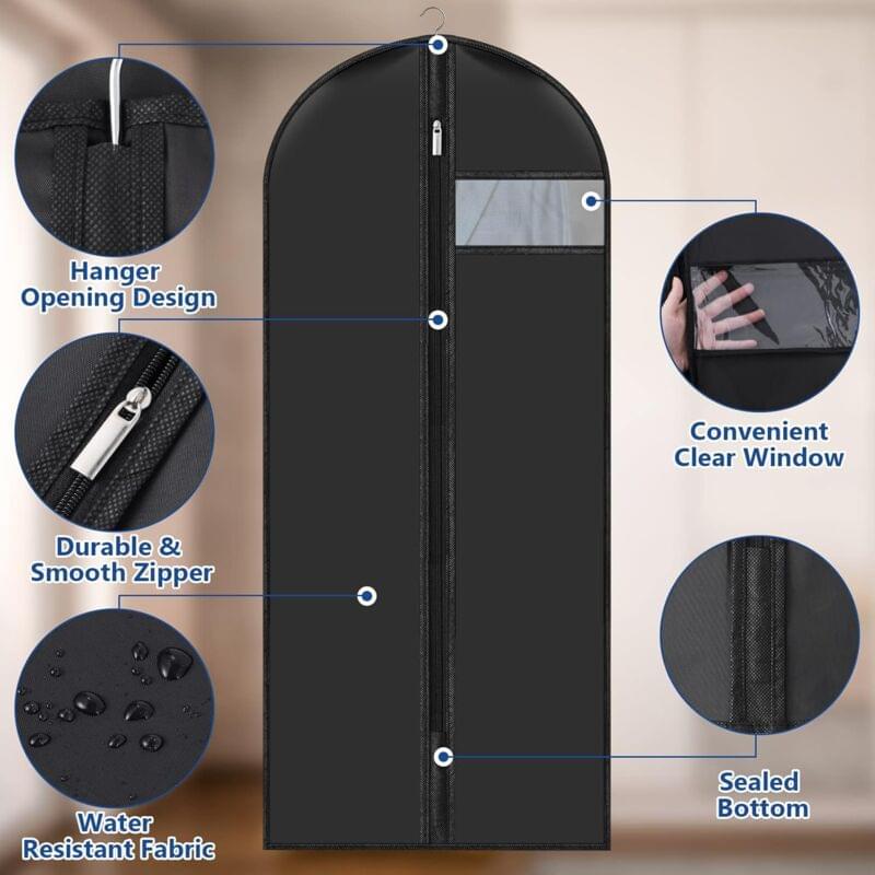 Black waterproof garment cover with clear window, smooth zip, and sealed bottom.