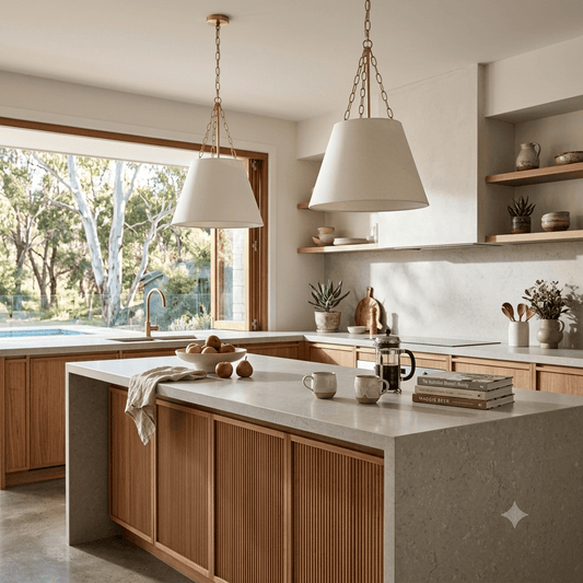 White drum pendant shades with gold chain hanging over kitchen island
