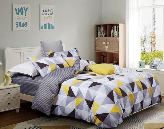 Geometric duvet quilt cover set with yellow, white, and dark gray geometric block pattern