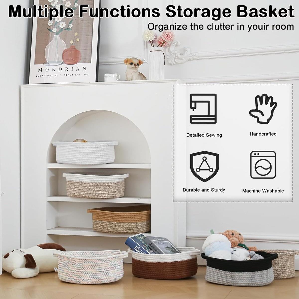 White woven rope storage basket shelf with empty bins and curved handle