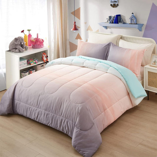 Queen ombre comforter set with lavender base, aqua edge, and pale pink pillow shams