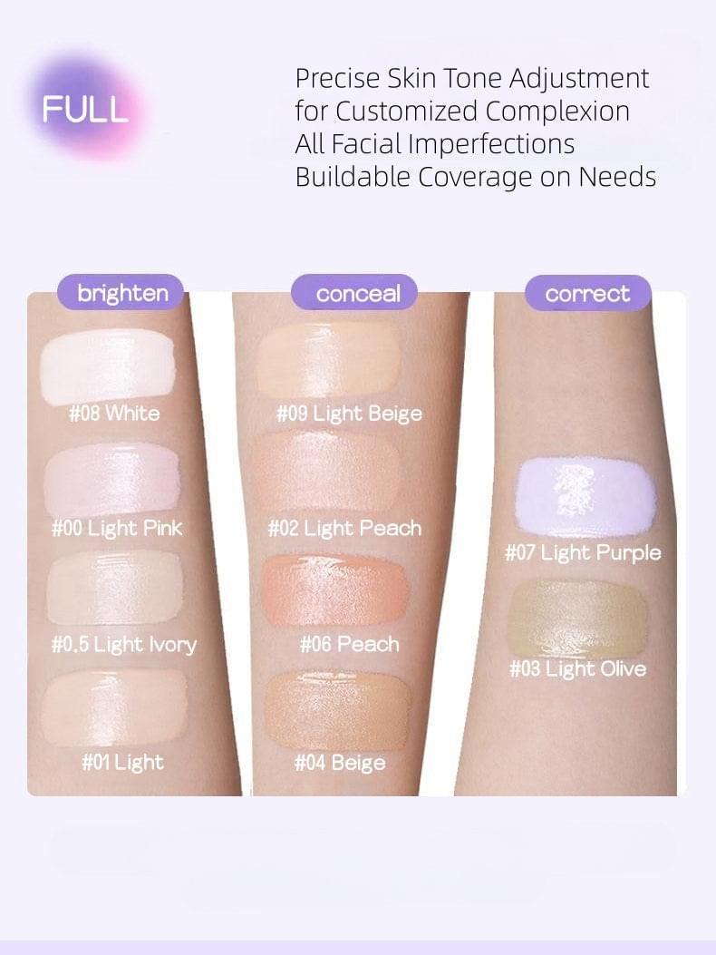 Liquid concealer shade chart with swatches: white, light beige, peach, olive, purple